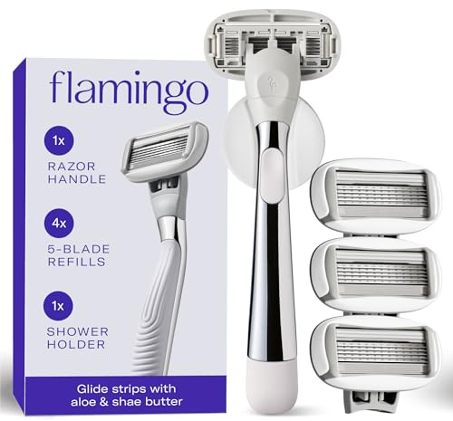 Flamingo Shaving Razor Set for Women - Razor Handle, 4 Razor Blade Refills, Shower Holder - Chrome