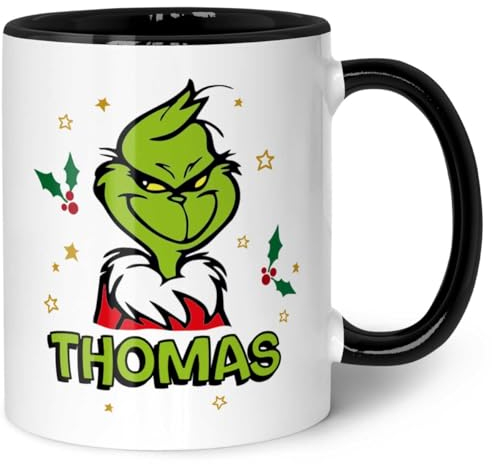 GRAVURZEILE Bedruckte Tasse - Grinch Motiv - Personalisiert mit Namen - Spülmaschinenfest & Mikrowelle geeignet - Weihnachtstasse als Geschenk für Sie & Ihn zu Weihnachten - Farbe: Schwarz