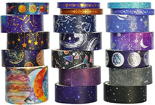 YUBX 19 Rollos Washi Tape Set Estrellada Papel de Oro Cinta Adhesiva Decorativa Masking Tape Constelación para Bullet Journal, Diy Crafts Scrapbooking, Manualidades, Regalos Envoltura (universo)