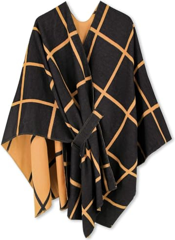 Breezy Lane Damponcho, halsduk, stickad cape, vändbar, elegant, överdimensionerad ruana, cardigan, present till mamma, Svart och orange, one size