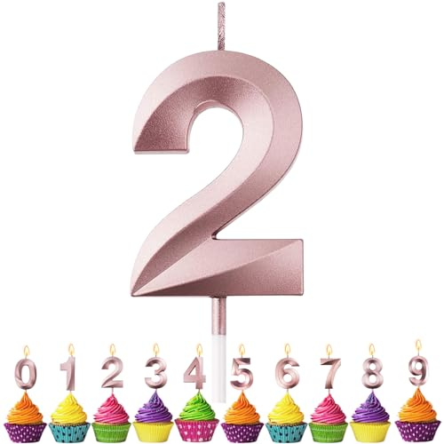 Geburtstagskerzen Zahlen 2, VUCDXOP 5cm Roségold Geburtstagskerzen 2, 3D Geburtstagskerzen, Geburtstag Tortendeko, Geburtstag Kuchendeko, Geburtstag Kerzen Kinder für Geburtstag Jahrestag Partys