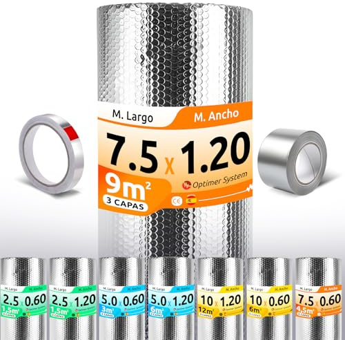 AISLANTE TERMICO MULTIUSOS PREMIUM| Reduce el Frio y el Calor | Rollo Aislante Termico para Ventana, Pared, Suelo, Techo, Coche, Garaje,Camper (7.5x1.20m | 9m² con cintas)