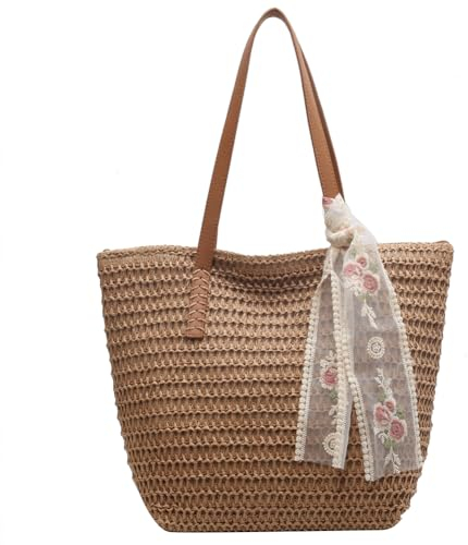 TIAASTAP Groß Strohtasche Strandtasche mit Reißverschluss Korbtaschen Geflochtene Tasche Basttaschen Damen Sommer Stroh Handtasche Sommertaschen Straw Bag Tote Bag