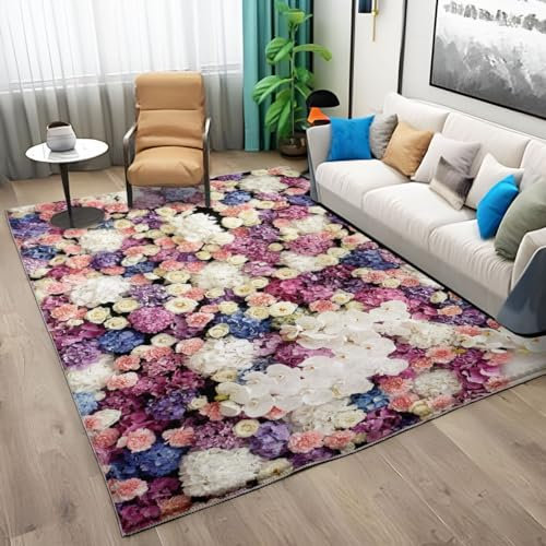 Kurzflor Teppich Rosen und Orchideen Teppich Wohnzimmer Flanell Waschbare Teppiche, Moderner Teppich für Schlafzimmer, Küche, Esszimmer, Antirutsch Teppich 160 x 230cm