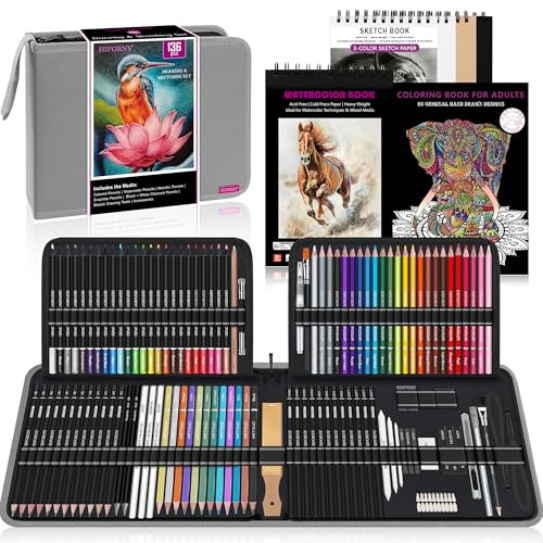 HIFORNY 136 PCS Drawing & Sketching Set,Pro Art Supplies with Graphite,Charcoal,Colored,Watercolor,Metallic Pencils,Blending Tools,Sketchbook,Watercolor Book and Coloring Book (Grey)