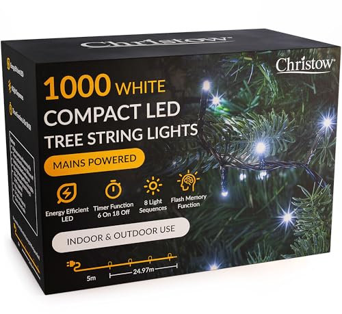 CHRISTOW 7ft Christmas Tree Lights, 1000 White LED Fairy Lights with Timer, 8 Light Modes, Energy Efficient 3mm LEDs, Indoor & Outdoor, Mains Powered, Green Cable (24.97m Lit Length)