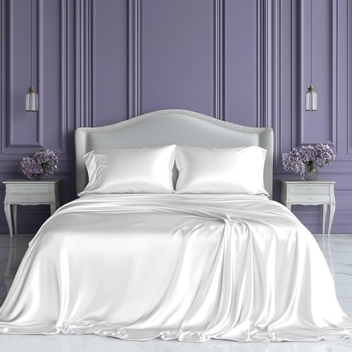SLEEP SANCTUARY Satin Sheets Queen Size – 4 Piece Luxury Silky Bed Set, Softer Than Silk, 15 Deep Pocket, Cooling & Wrinkle-Free, Moisture-Wicking & Breathable for Hair & Skin (White)
