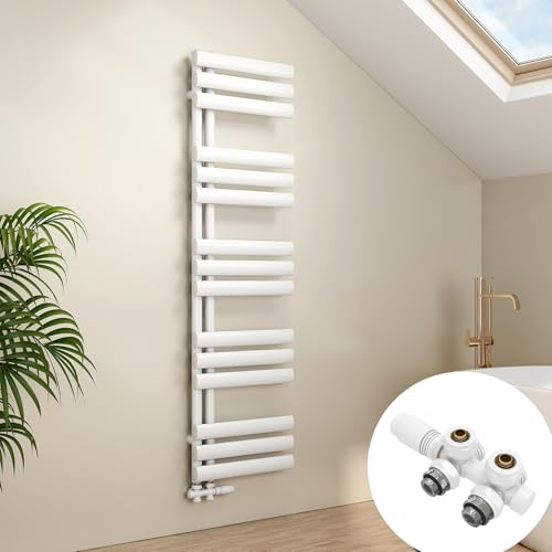 EMKE Oval Badheizkörper mit Multiblock 1430x400 mm, Handtuchheizkörper Seitenanschluss Handtuchwärmer Handtuchtrockner Heizkörper Bad Weiß 484 Watt