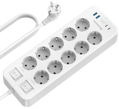 Steckdosenleiste 10 Fach mit USB C,Überspannungsschutz Mehrfachsteckdose 2 Schalter mit 2 USB A und 2 USB C(5V 3,4A 17W) Wandmontage Schreibtisch mit 2m Kabel,Kindersicherung- Weiß
