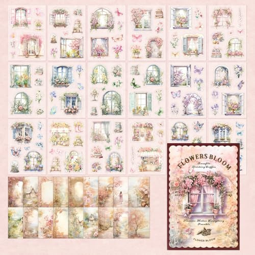 Scrapbook-Zubehör-Set, 54 Blatt Garten, Blumen, Straßenlandschaft, vorgeschnittene transparente Washi-Aufkleber aus PET mit Collage-Papier, Ephemera für Junk Journaling, Scrapbooking