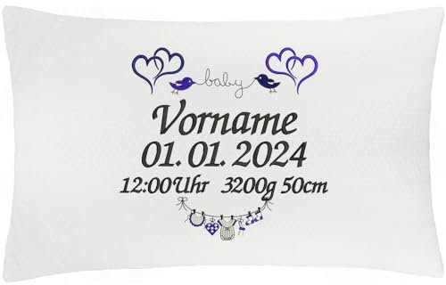 Cojín para bebé con nombre, cojín decorativo para niños, con relleno, personalizar, cojín de nacimiento, bordado individual, con relleno (Baby Pillow boy 40 x 60 cm), color blanco