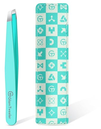 GlamTweeler Expert - Pinzas de depilación de cejas con funda de cuero, punta inclinada de alta precisión, pinzas de acero inoxidable para hombres y mujeres (color azul huevo de Robin)