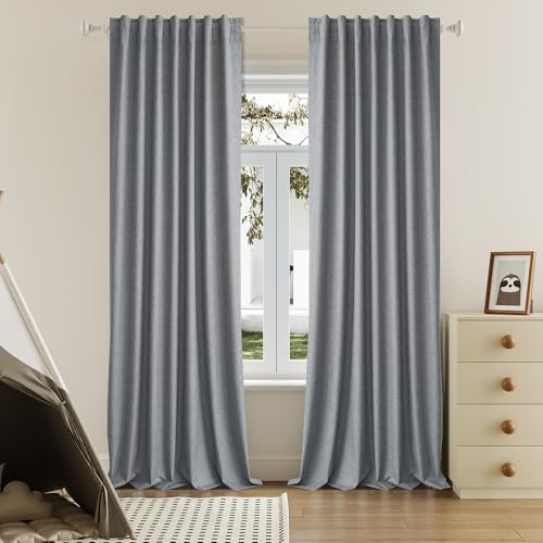 DUALIFE 120 Inch Extra Long Linen Grey Curtains Floor to Ceiling for Sliding Glass Doors 2 Panels, Flax Linen 100% Blackout Elegant Boho Thermal Curtains for Large Windows 10 FT Drapes,50 x 120 Inch