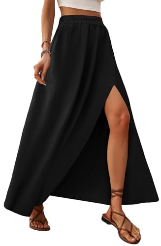 Zeagoo Falda Larga Mujer Verano Elegante Sólido Faldas Cintura Alta Elástica A Línea Faldas Falda de Playa con Abertura Negro S