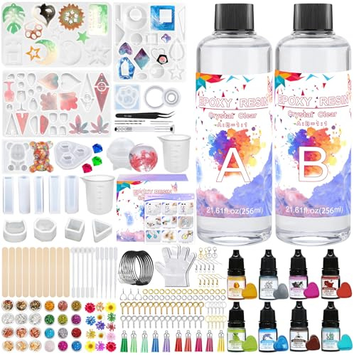 KIMIGO Resina Epossidica Trasparente Kit,Kit di Resina epossidica Trasparente,250ml Kit Resina Epossidica Completo per Principianti per la Creazione di Gioielli,Pendenti per Collane,Fai da Te
