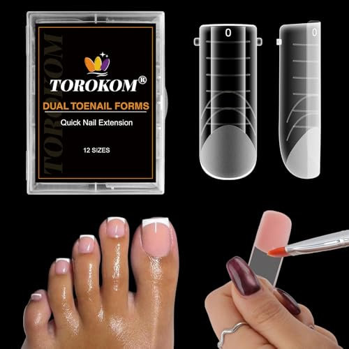 TOROKOM Poly Gel Nagelformen für Zehen, 120 Stück, 12 Größen, Lange Quadrat Dualformen, Pediküre Nagelverlängerung, Wiederverwendbare Zehennagel Schablonen