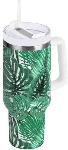 Vaso de 40 onzas con tapa con pajilla, vaso de hojas de Monstera verde tropical con asa, botella de agua aislada de acero inoxidable, taza de viaje para café, 1.18 L
