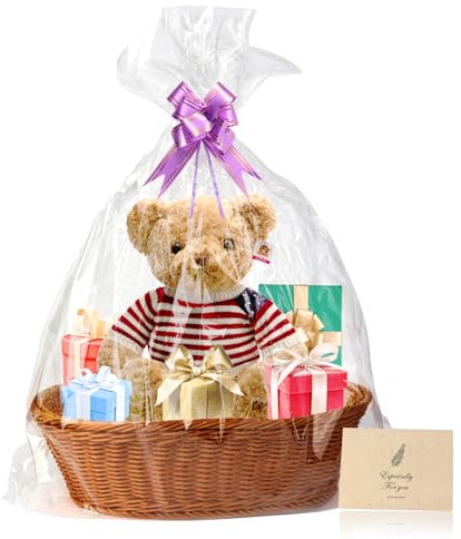 Boensi Gift Baskets Empty,38x28x12cm Gift wicker Basket with 1 x Hamper Basket, 4 x Bows, 1 x Cellophane Bags and 1 x Greeting Card,ideal for Christmas, Birthday, Wedding, Easter Gift,Graduations