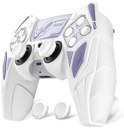 PlayVital Mecha Rhino Silikonhülle für PS5 Controller, Anti-Rutsch Case | Schutzhülle mit Thumbstick Kappen & Aufkleber, Ladestation kompatibel, Griffe Skin Zubehör, Ergonomische Griffe, Weiß&Blau