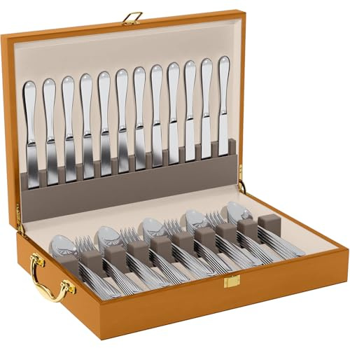 WGLILO Wooden Silverware Storage Box With Lid, Cutlery Case With Handle & Felt Lined, Silver Flatware Chest for 12 Sets of Utensil for Forks, Knives, Spoons, Kitchen and Dining Organizer, Walnut