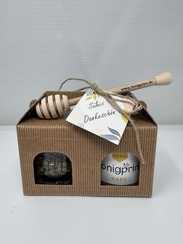 Geschenkset süsses Dankeschön mit Honiglöffel aus Buchenholz und Grußkarte - 1x250g Honig und 1x50g Tee - 100% Deutscher Honig Honigprinz Familien-Imkerei