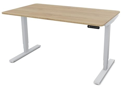ASSMANN Höhenverstellbarer Schreibtisch elektrisch, 140x80cm, TÜV-geprüft | stufenlos verstellbar mit Aufprallschutz, ergonomischer Schreibtisch Made in Germany, abgerundete Ecken, Eiche Natura/Silber