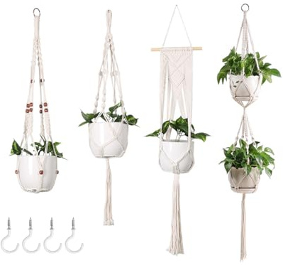 Hitopin 4 Pièces Suspendu Corde de Coton, Plant Hanger, Suspension Plante, Panier à Planter Suspendu, pour Intérieur, Extérieur, Jardin, Balcon, Patio, Fenêtre, Décoration de la Maison, Beige