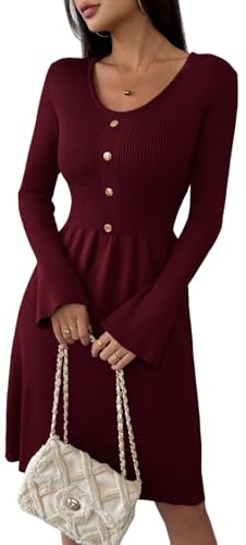 Zeagoo Damen Strickkleid Langarm V-Ausschnitt Pulloverkleid Elegant Knielang Herbstkleid Casual Kleid Herbst Winter A Linien Weinrot L