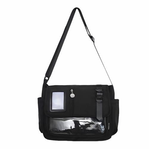 black ita messenger bag for women, large capacity cute pin display crossbody bags , kawaii japanese anime ladies purse with water bottle holder, y2k korean college aesthetic carteras para mujer