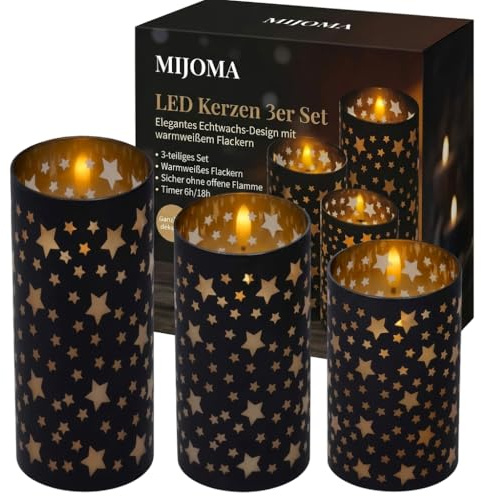MIJOMA LED Kerzen Set 3-teilig – Wachskerzen mit Flammeneffekt & Timer – warmweiß, Schwarz mit Sternenmuster, batteriebetrieben