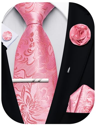 Ailisus Mens Pink Tie Set Silk Floral Necktie Pocket Square Lapel Pin Tie Clip Cufflinks Set Formal Business Wedding Party