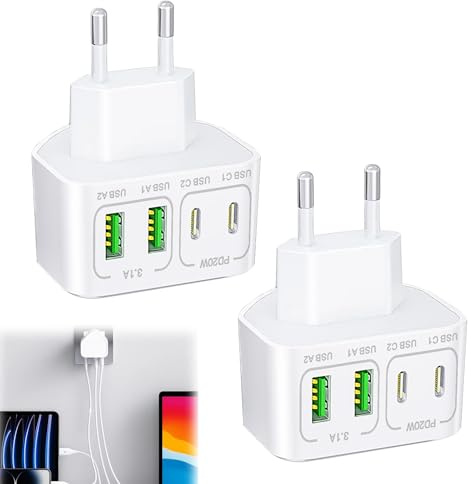 Menibeuty 2 Stücke USB C Ladegerät, 40W 4 Port Mehrfach Ladegerät USB Netzteil Stecker Flach, Wandladegerät für Beengte Räume, Kompatibel mit 1Phone 16/15/14, S25/S24/S23, usw