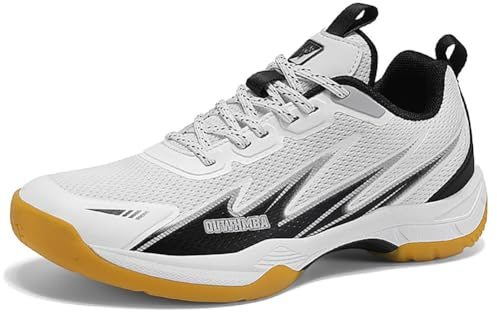 Badminton multisport sneakers för män och kvinnor anti-vridning platta, andningsbart nät, MD-mellansula och halkfri yttersula för inomhusbruk, Vit, svart, 42 EU