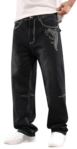 Jean pour homme - Grande taille - Coupe ample - Avec broderie - Jambe large - Taille haute - Stretch - Pantalon droit - Délavé - Denim long - Tendance - Pantalon de loisirs, Noir , XXL