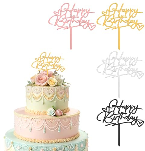 Nogeqi 4PCS Happy Birthday Cake Toppers, Birthday Cake Decorations for Celebrating Anniversary Birth Day Party Supplies (4 Colors)