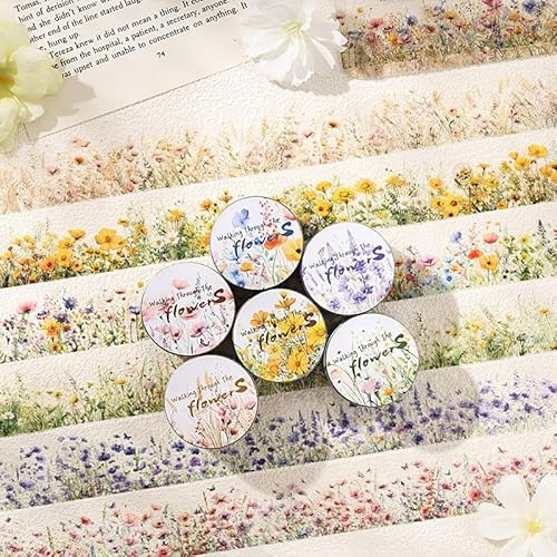 Kesari PET Washi Tape Scrapbook tillbehör, 6 rullar klippbok klistermärken blomma tema, dekoration för journalingtillbehör, fotoalbum (Flower Road)