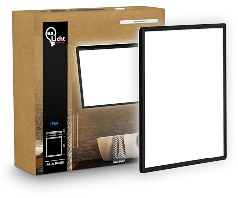 B.K.Licht - LED Deckenlampe mit indirektem Licht, Flach, Neutralweißes Licht, IP44, Panel, LED Lampe, Deckenleuchte, Badezimmer Lampe, Wohnzimmerlampe, Küchenlampe, 42x42x3 cm, Schwarz