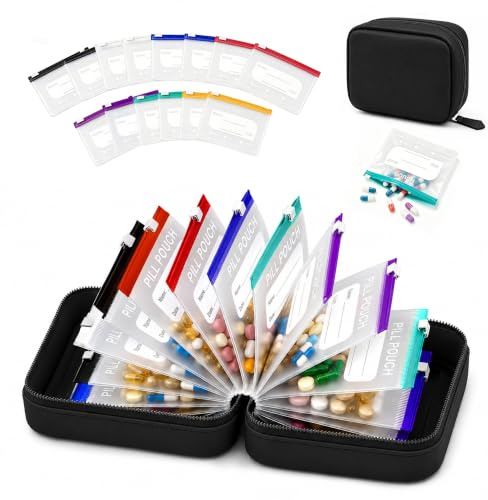 Mzzdk Pastillero Bolsa Kit,14 Dias Impermeables Organizador de Píldoras | con 14 Bolsas Medicamentos Codificadas Por Colores, para Vitaminas, Medicamentos