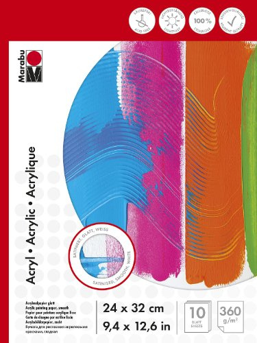Marabu 1612000000014 - Malblock für Acrylmalerei, 360 g/qm, 10 Blatt, 24 x 32 cm, weiß, Acrylmalpapier satiniert, glatt, säurefrei, aus Cellulose, für Acrylmalerei, Gouache und Deckfarben geeignet