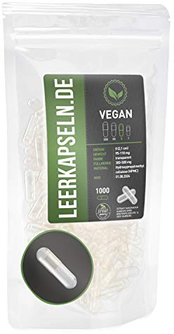 1 000 stycken tomma kapslar | storlek 0 | HPMC kapslar | anslutna kapselhalvor – hela tomma kapslar med storlek. Fyllningskvantitet | transparent vegansk | halal kosher supplements (1000)