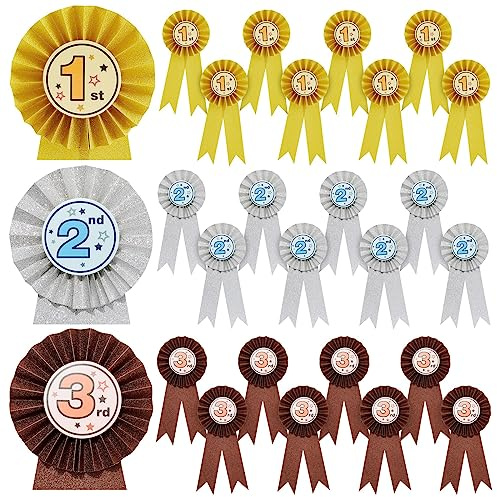 Juvale Rosetten für Gewinner (Set, 24 Stück) - Turnierschleifen 1., 2. und 3. Platz – Ideal für Sportveranstaltungen, Tiershows, Kochwettbewerbe, Talentshows - Gold, Silber, Bronze