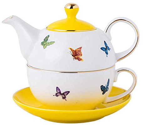 YBKTEX Ceramic Tea for One, Teapot and Cup& Saucer-Butterflies (Yellow)