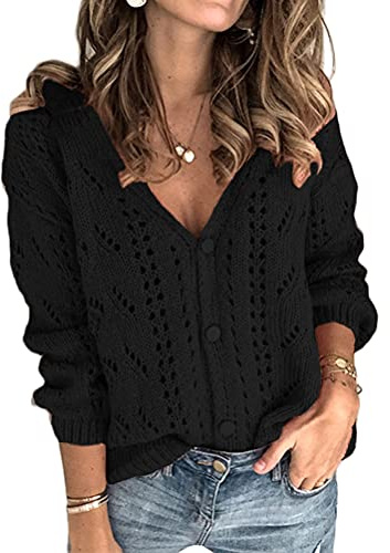 ORANDESIGNE Femme Cardigan en Tricot Col en V Pull Manches Longue de Couleur Unie Gilet avec Boutons Court Vintage Elegante Shrug Bolero Tricot A Noir XL