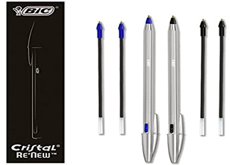 BIC Cristal Re'New Gift Box, nachfüllbarer Kugelschreiber aus Metall, Blau und Schwarz, 2 Stifte + 4 Ersatzminen, für Schule und Büro