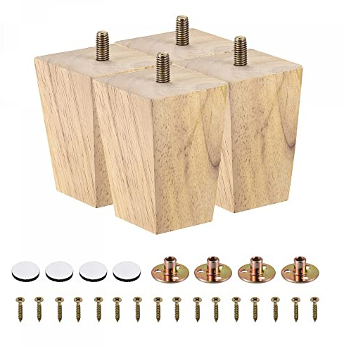 sourcing map Furniture Legs, 3 Inch(80mm) Set of 4 Square Solid Wood Couch Legs Chair Table Feet Sofa Support Replacement Parts, with Accessories, Light Brown