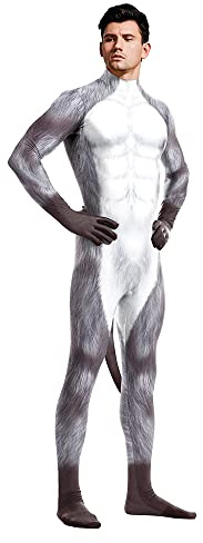 Bemeiren Bodysuit-Tierkostüm für Herren mit großem Schwanz, Druck, Petsuit, Spandex, pelziger Overall, für Cosplay, Halloween-Party, Grauer Wolf, XL