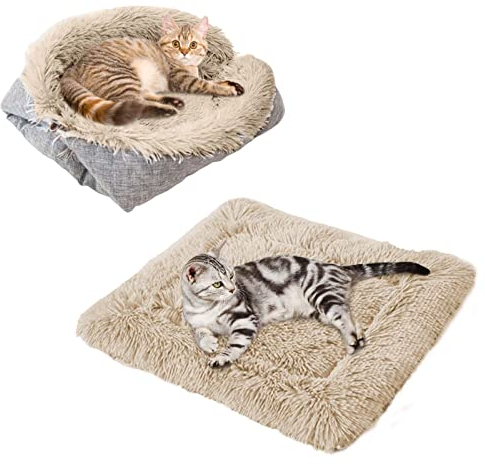 TUAKIMCE Katzenbett 2 in 1 Plüsch Weich Runden Schlafen Katzensofa Flauschige Katzenbett Klein Hund Bett Katzendecke Haustierbett katzenbettchen Tierbett für Katzen und Kleiner Hund (Braun)
