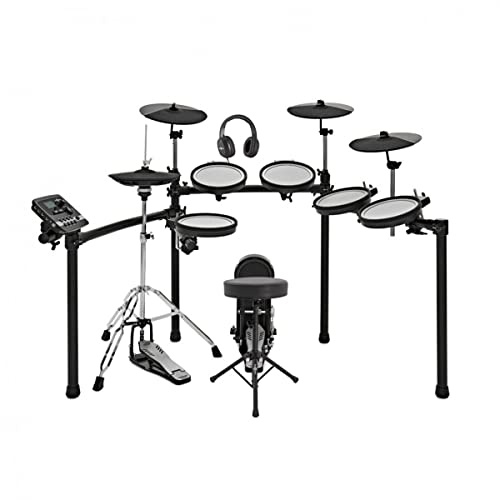 Gear4music DD550 Mesh Electronic Drum Kit mit zwei Zonen Pads | Professionelles All-Mesh-Set mit Hi-Hat-Stativ in voller Größe, dämpfbare Doppelzonen-Becken, 329 Sounds