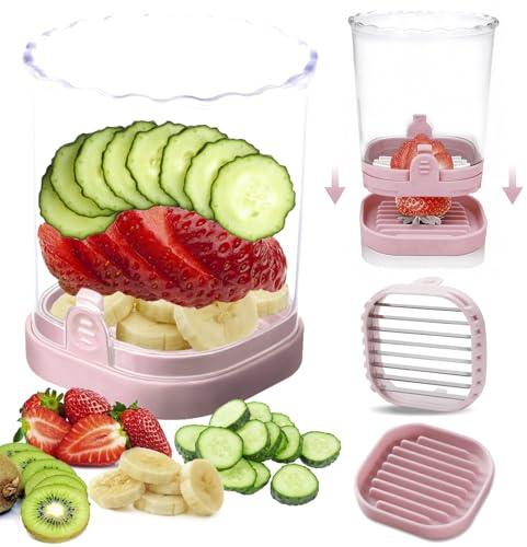 Fruit Slicer Cup - Stainless Steel Strawberry Slicer with Push Plate, Detachable Egg Banana Grape Cutter, Dishwasher Safe Multifunctional Kitchen Gadget for Fruit Salad Cake (Pink)