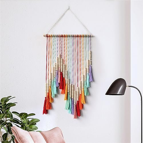 VIONNPPT Regenbogen Makramee Wandbehang, 55x90cm, Boho Aesthetic Wandteppich mit Quaste, Bunt Woven Tapestry für Schlafzimmer Wohnzimmer Wanddeko